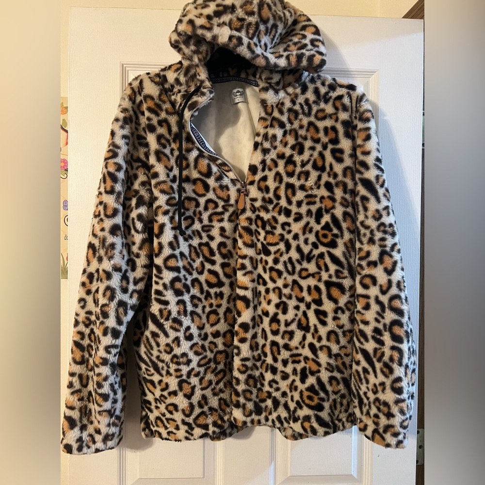 Cheetah print fax fur hoodie half zip side pockets